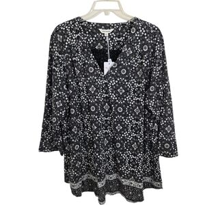 NWT Lucky Brand V-Neck Blouse Black Grey Floral Boho Size 2X